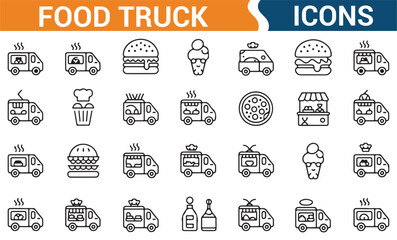 Obraz premium Collection of food truck vector icons featuring various foods like burgers, hot dogs, and ice cream.