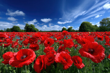 Fototapeta premium Vibrant field of red poppies under a cloudy blue sky during a sunny day