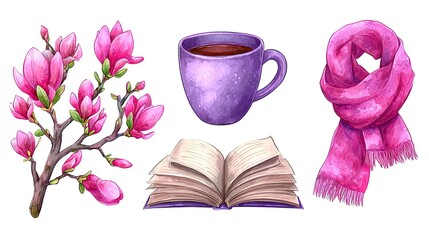 A book, notebook, and cup of coffee with a pink scarf on a white background