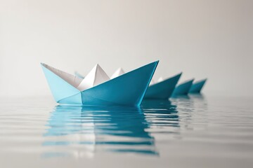 Blue origami boats in a line on clear water