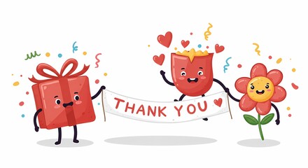 Naklejka premium Cute Cartoon Heart-shaped Characters Holding Thank You Banner with Flower and Gift Box in Celebratory Mood