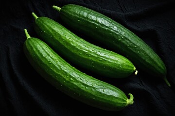 Three cucumbers aligned diagonally on black cloth