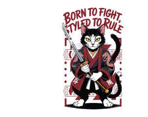 Vintage anime-style yakuza cat in streetwear with katana and bold typography. Cool vector t-shirt design, perfect for anime lovers and street fashion fans.