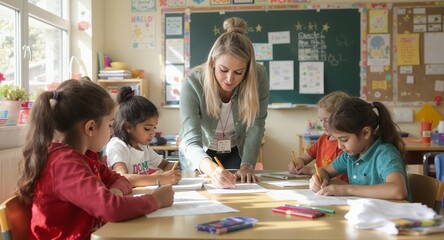 Elementary School Children Learning with Teacher