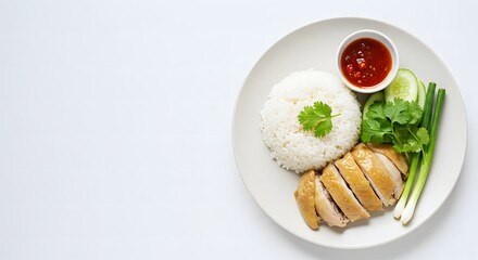 Hainanese Chicken Rice: A Culinary Delight with Vibrant Garnishes on White Plate