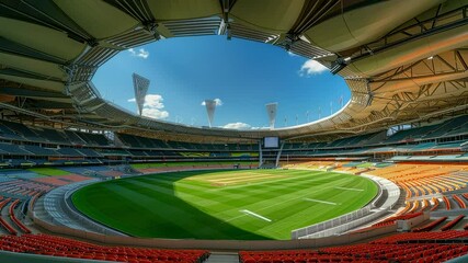 Wide angle view of a modern cricket stadium under a blue sky