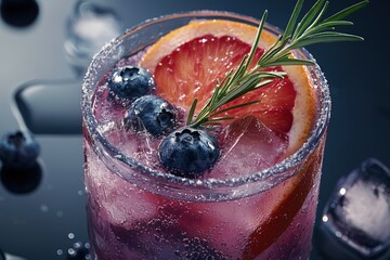 Citrus and Berry Infused Mocktail with Ice Crystals.