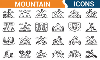 Set of icons showcasing mountain climbing, exploration, and outdoor activities for travel and nature projects.

