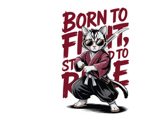 Fototapeta premium Vintage anime-style yakuza cat in streetwear with katana and bold typography. Cool vector t-shirt design, perfect for anime lovers and street fashion fans.