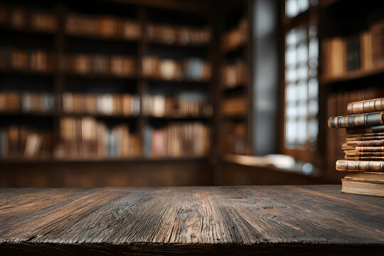 Dark empty wooden table and blurred dark law library in background with copy space, national book lover day, 