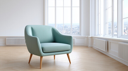 Mid-Century Modern Armchair – Light Green Upholstered Accent Chair. Scandinavian-Style Lounge Chair – Wooden Legs & Soft Fabric