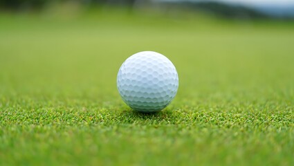 Obraz premium Golf ball resting on green grass of a golf course close up perspective