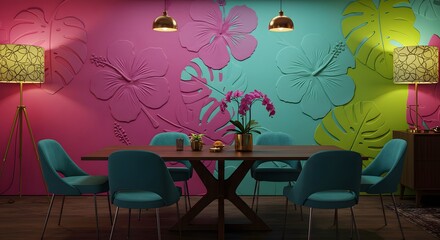 Tropical Dining Room with Hibiscus Wall Art and Teal Velvet Chairs