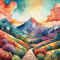 Worm's-Eye View Pixelated Landscape in Watercolor Style