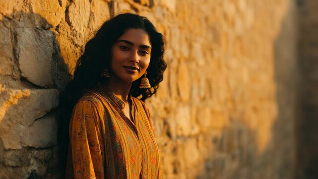 Serene Indian Woman Smiling Softly Against Ancient Stone Wall generative ai