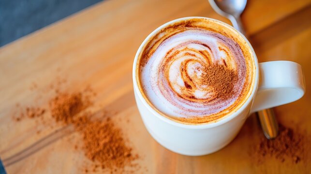 A cup of cappuccino with milk foam and cinnamon powder on top