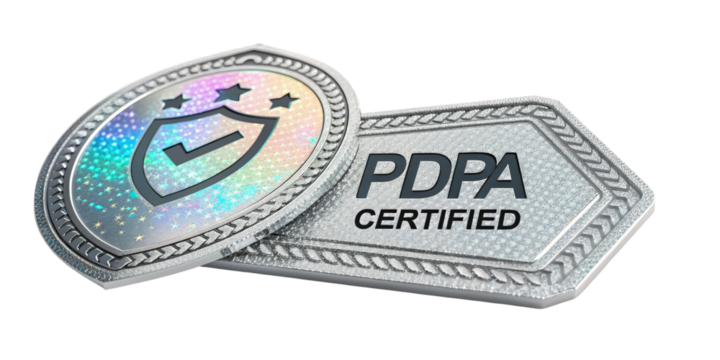 3D Render of PDPA Certified Badge with Security Shield, Isolated on Transparent Background, Data Privacy, Compliance, Security, Privacy, Compliance, Digital