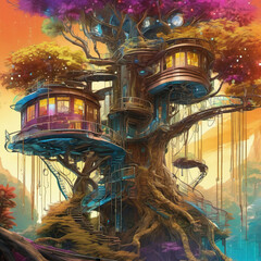 Impressionist Cybernetic Treehouse: Perspective Drawing Art