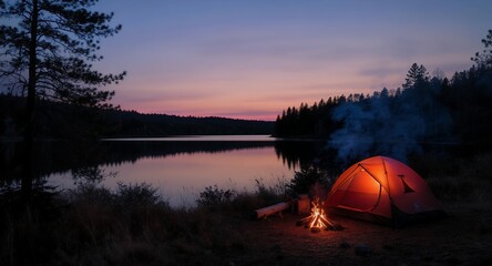 Camping at sunset by the lake bonfire tent night scene