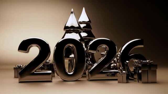 Reflective metallic 2026 number with gift boxes and santa hat for holiday celebrations