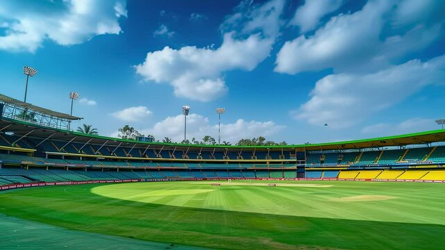 Wide shot of a cricket stadium with green field and blue sky