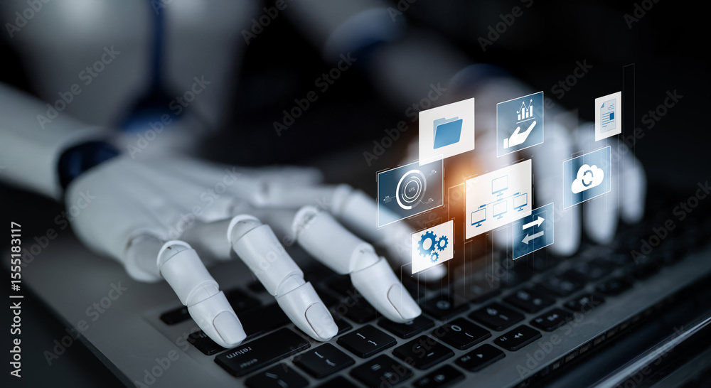 Poster ai coordinating business infrastructure, managing digital systems, synchronizing cloud platforms, an