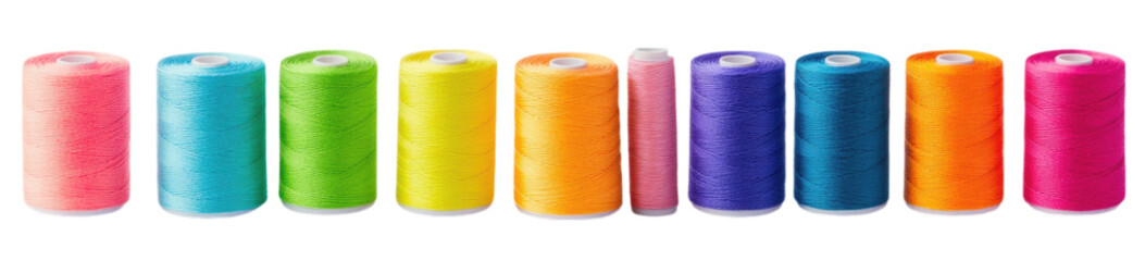 Ten colorful spools of thread arranged in a row, each showcasing a different vibrant hue.