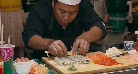 Chef preparing sushi rolls and sashimi
