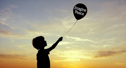 Child Silhouette Releasing a Balloon with Imagine Peace at Sunset