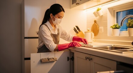 Cleaning lady wearing pink gloves and face mask cleaning the kitchen counter