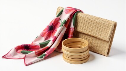 Floral Scarf, Straw Clutch, and Embroidery Hoops