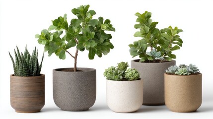Obraz premium Stylishly arranged potted plants showcase various textures and shapes against a soft white background, enhancing indoor decor