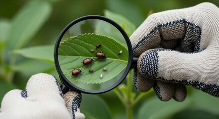 Closeup view of insects on a leaf examined with magnifying glass