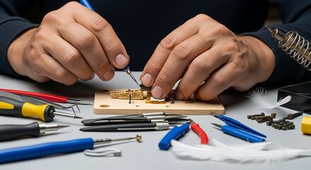 Closeup of Hands Assembling a Miniature Model with Precision Tools