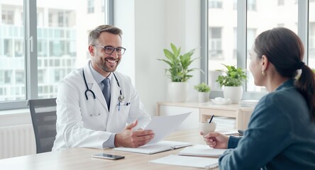 Doctor consulting patient healthcare professional reviewing medical documents during appointme