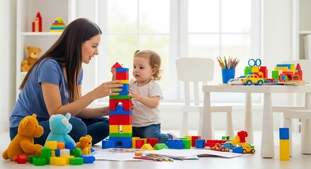 Early Childhood Development Mother and Toddler Playing with Colorful Building Blocks
