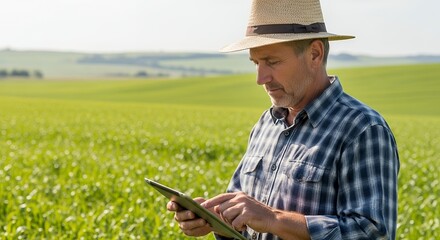 Farmer using digital tablet in a green field