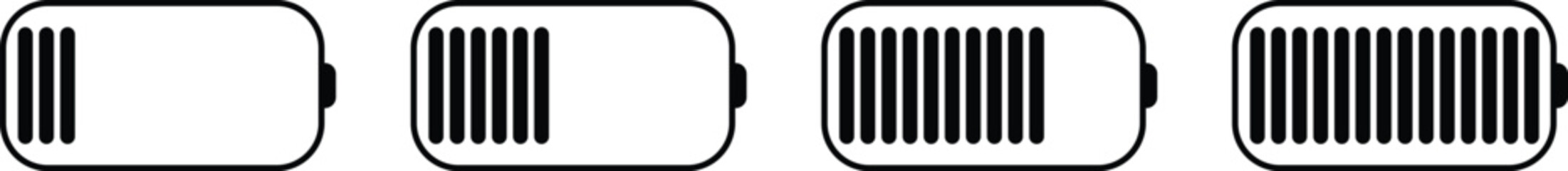 Battery charging icon set. Silhouette design element related to mobile vector collection isolated on transparent background, animated charging low to full charge. lighting power symbol for web and app