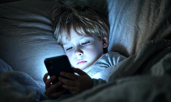 Child engrossed in phone screen in bed at night
