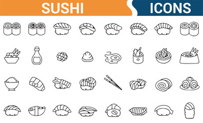 Set of icons for sushi lovers, featuring rolls, fish, rice, and sauces for use in food-related projects.