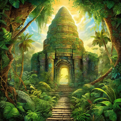 Fluid Shapes Jungle Ruins in Mosaic Art Style