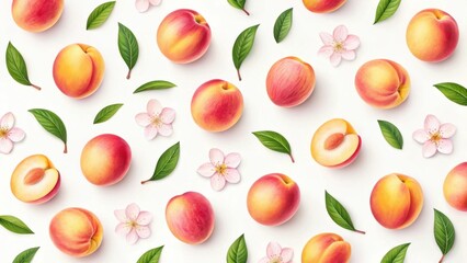 A vibrant pattern of peaches, blossoms, and leaves on white background