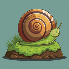 A cute cartoon snail with a spiral shell slowly moves across a green leaf, symbolizing nature's small wonders