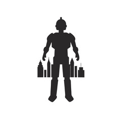 Advanced Robot Standing Tall in City Skyline Illustration