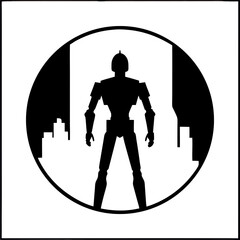 Robotic Figure in Front of Modern Urban Cityscape Design