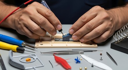 Hands soldering a small electronic component on a workbench with various tools