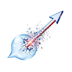 Naklejka premium A graphic of an arrow emerging from a shattered blue sphere with a transparent background symbolizing concept of innovation and explosion of ideas.