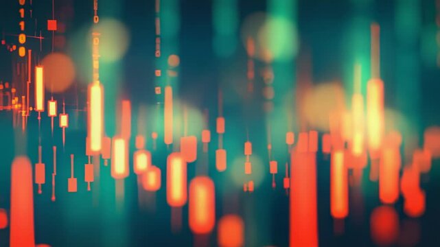 Abstract financial chart with uptrend candlesticks, bokeh background