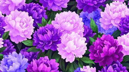 Vibrant peonies in shades of purple and pink create a beautiful floral pattern.