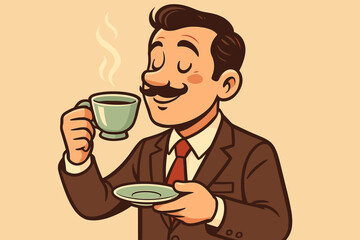 Cartoon Businessman Enjoying Relaxing Coffee Break with Steaming Beverage and Vintage Pastel Cup and Saucer. Vector Illustration of Office Worker Relaxation.